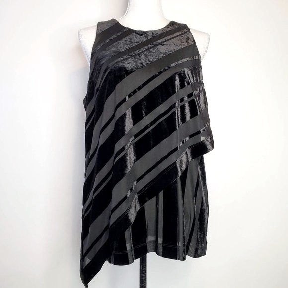 DKNY Women’s Black Velvet and Sheer Asymmetrical Stripe Sleeveless Top M Size M - Picture 1 of 8
